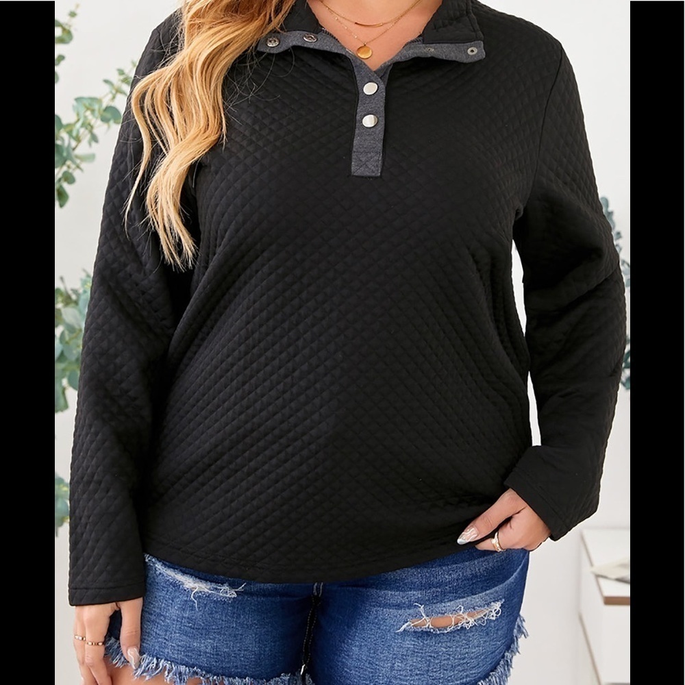Quilted Button-up Henley Black Plus